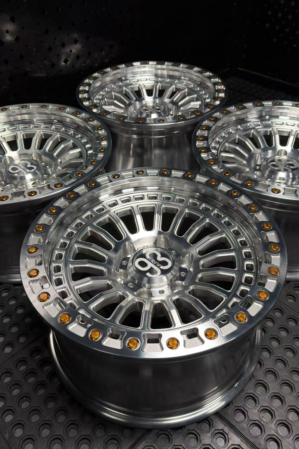 (Set of 4) FR-19 | 6061-T6 Forged | Simulated Beadlock | Machined Clear with Gold Lip Bolts (6x135 | 17x8.5, 0mm Offset)