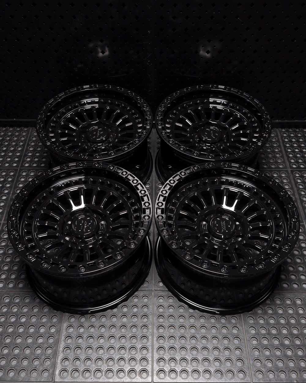 (Set of 4) FR-19R | 6061-T6 Forged | Simulated Beadlock w/ Removable Rings | Gloss Black, Gloss Black Slotted Rings, Black Lip Bolts (6x135 | 17x9, 0mm Offset)