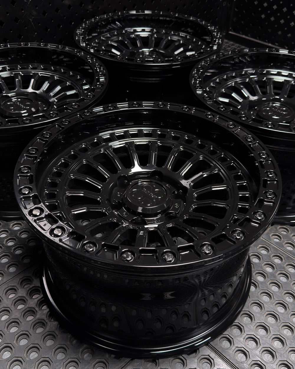 (Set of 4) FR-19R | 6061-T6 Forged | Simulated Beadlock w/ Removable Rings | Gloss Black, Gloss Black Slotted Rings, Black Lip Bolts (6x135 | 17x9, 0mm Offset)