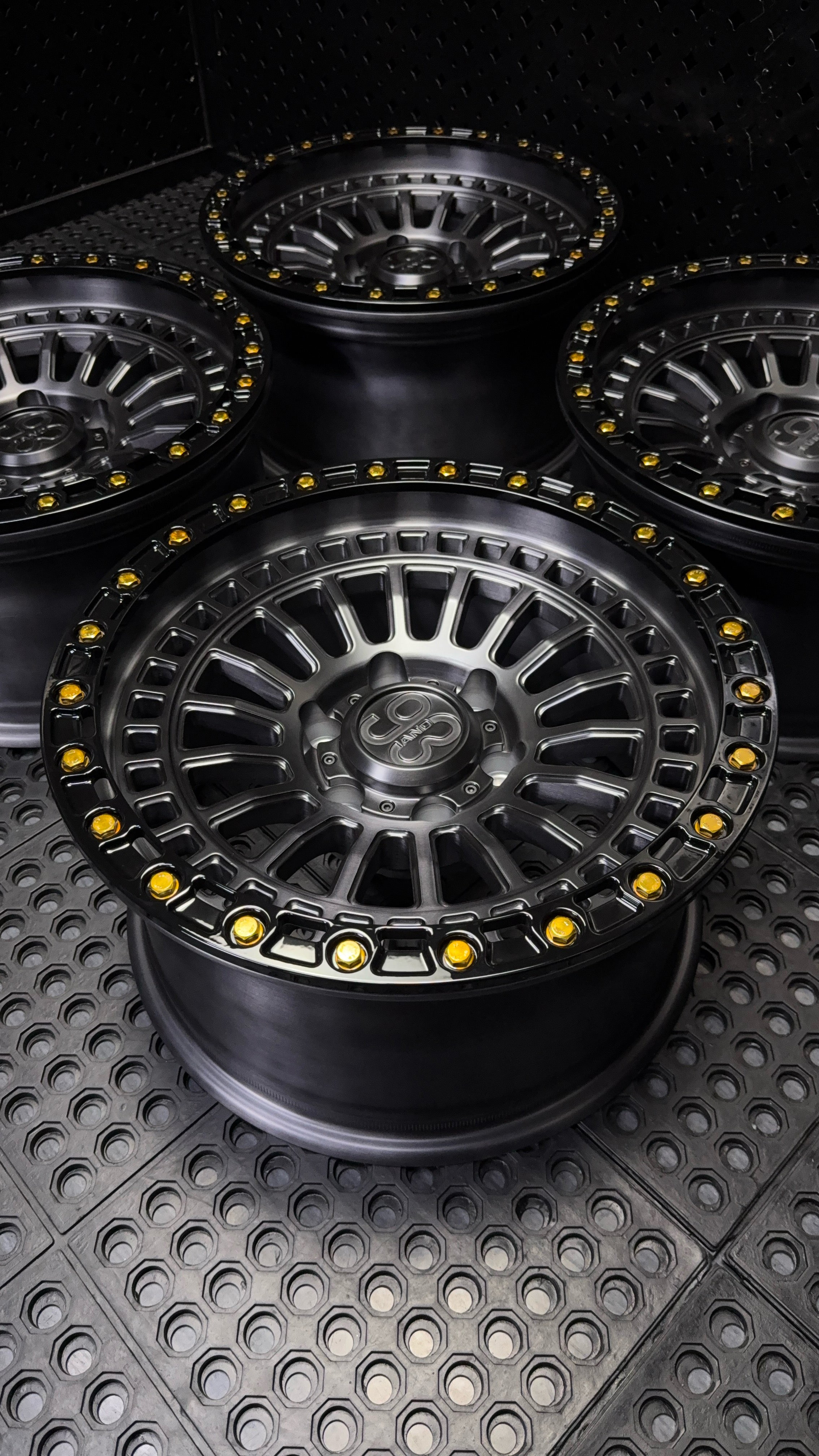 (Set of 4) FR-19R | 6061-T6 Forged | Simulated Beadlock w/ Removable Rings | Matte Brushed Double Black, Gloss Black Rings (6x135 | 17x8.5, 0mm Offset)