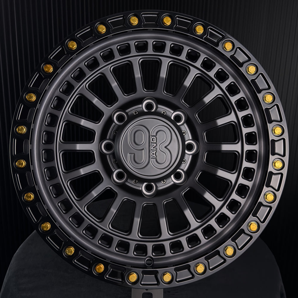 (Set of 4) FR-19R | 6061-T6 Forged | Simulated Beadlock w/ Removable Rings | Matte Brushed Double Black, Gloss Black Rings (8x170 | 18x9, +12mm Offset)